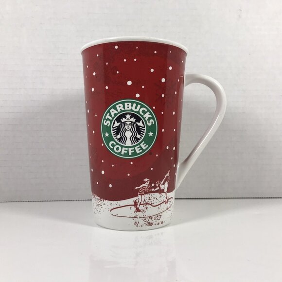 Starbucks Coffee Holiday 2007 16oz Coffee Tall Mug Christmas Snowflakes Snow Red - Picture 1 of 7